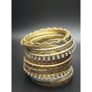 Mixed Metal Rhinestone Bangle Bracelet Set